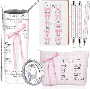Patelai 6 Pcs Christian Pink Bow Coquette Gift Set Include Tumbler with Handle Straw and Lid Bible Verse Makeup Bag Journal Pens Godly Catholic Gifts for Girls Women Cna Nurse for Church Sunday School