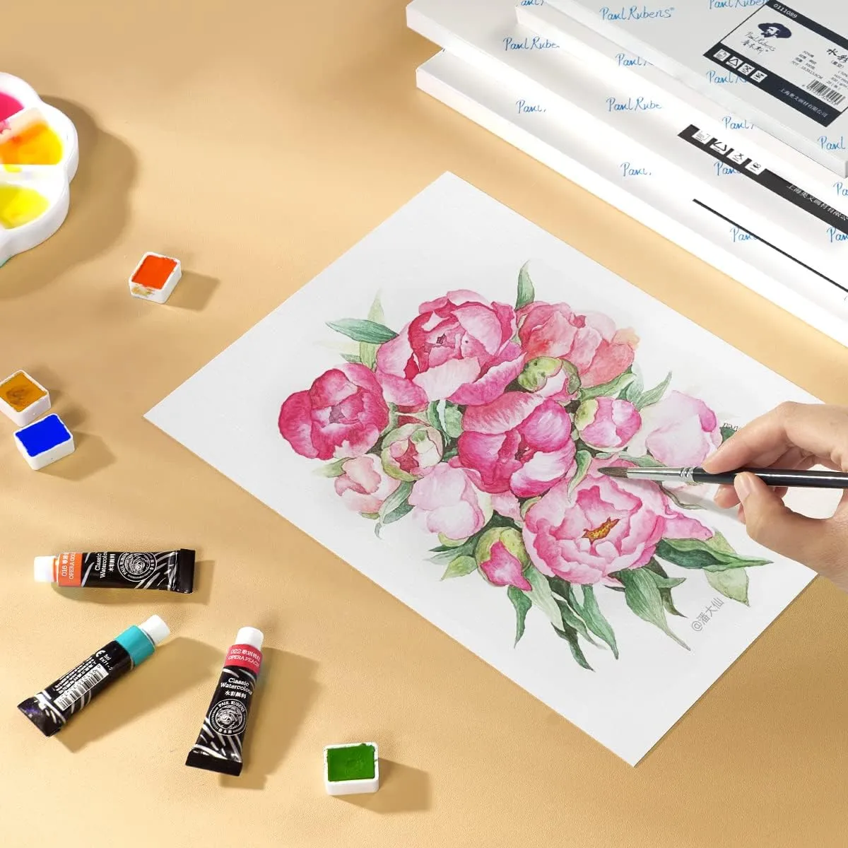 Paul Rubens 60 Sheets Watercolor Paper,Hot Press 50% Cotton&140lb /300gsm Acid-Free Bulk White Paper for Artists, Students & Adults（10.63 * 7.68 inch）