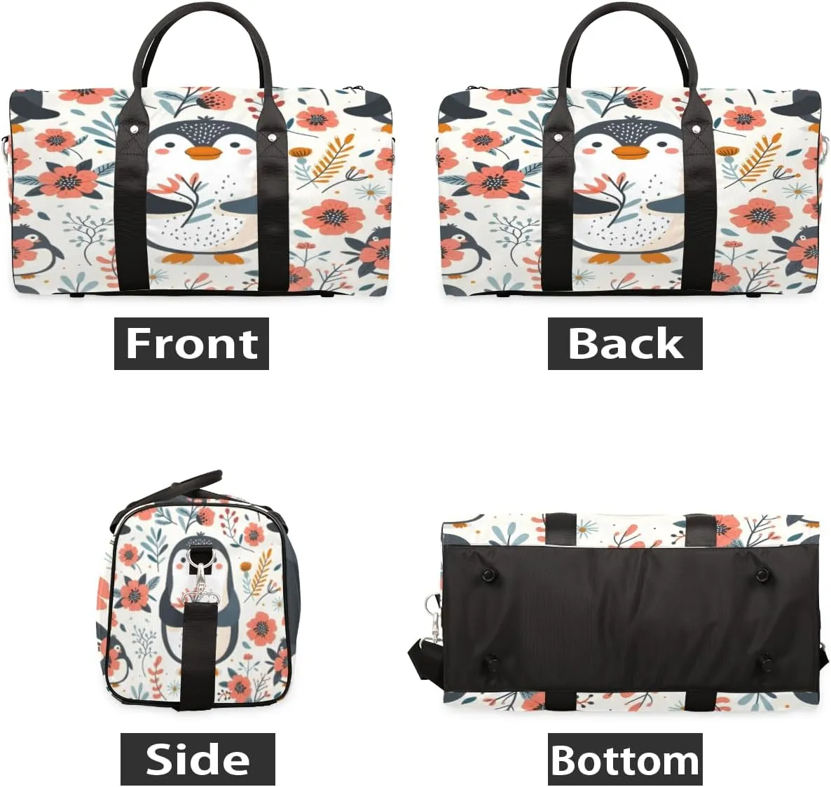 Penguin Travel Duffle Bag, Sports Gym Bags for Women Men, Carry On Weekender Overnight Bag, Flower Workout Hospital Airplane Trips Bag