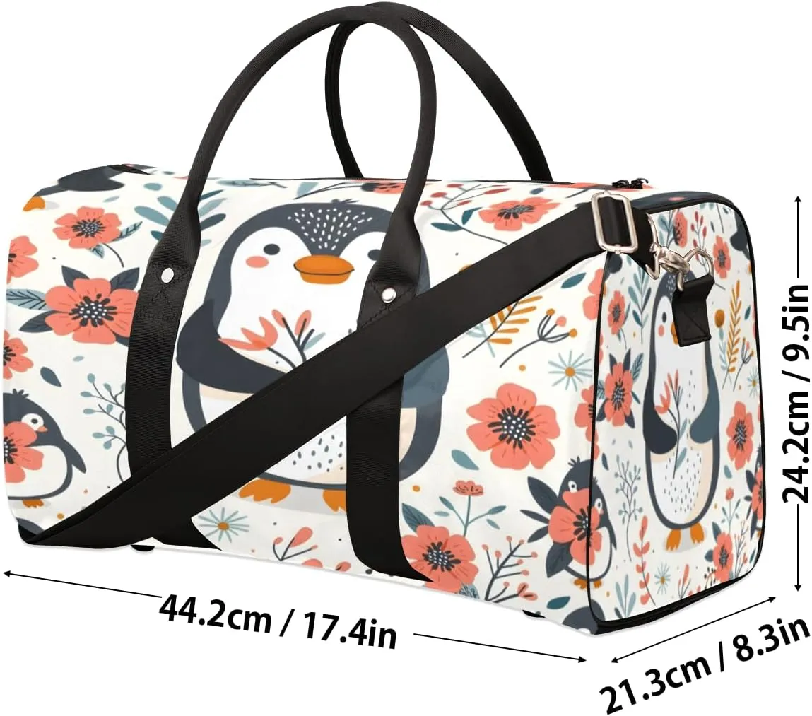 Penguin Travel Duffle Bag, Sports Gym Bags for Women Men, Carry On Weekender Overnight Bag, Flower Workout Hospital Airplane Trips Bag