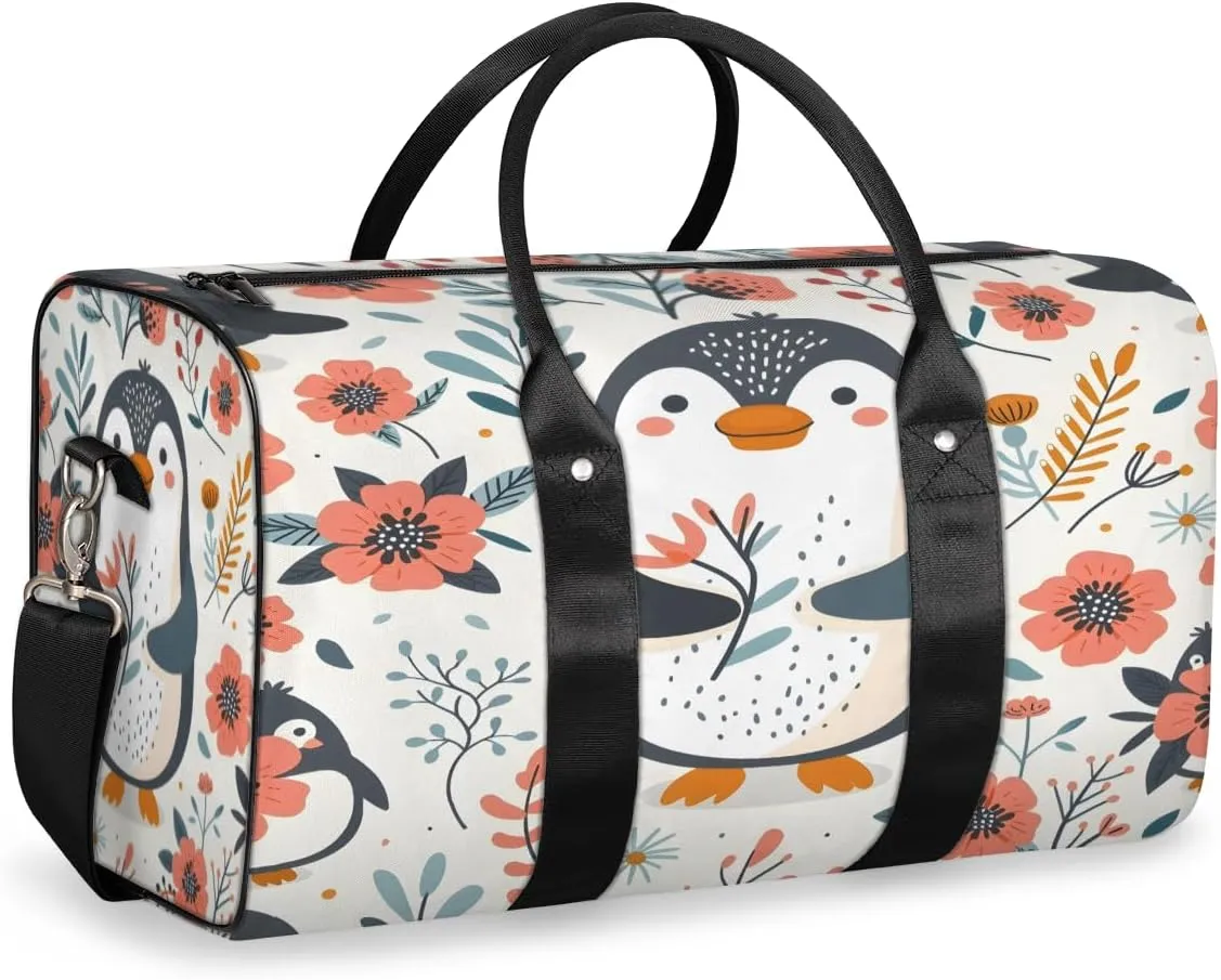 Penguin Travel Duffle Bag, Sports Gym Bags for Women Men, Carry On Weekender Overnight Bag, Flower Workout Hospital Airplane Trips Bag