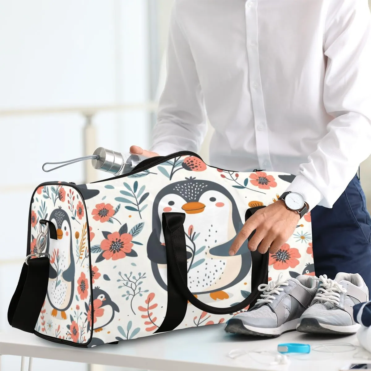 Penguin Travel Duffle Bag, Sports Gym Bags for Women Men, Carry On Weekender Overnight Bag, Flower Workout Hospital Airplane Trips Bag