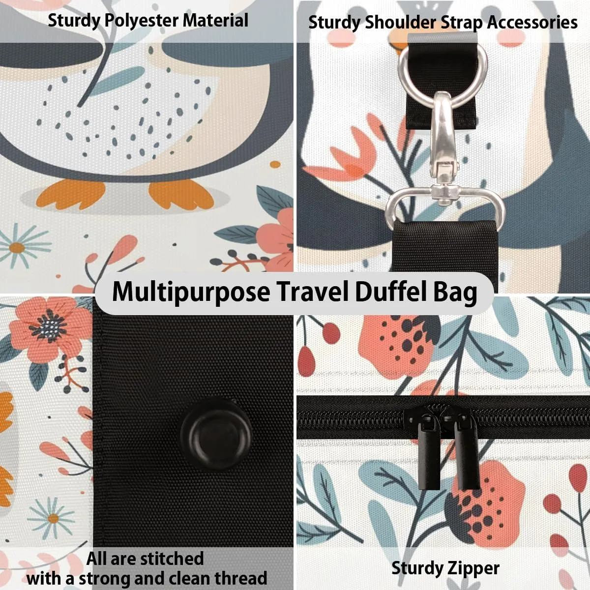 Penguin Travel Duffle Bag, Sports Gym Bags for Women Men, Carry On Weekender Overnight Bag, Flower Workout Hospital Airplane Trips Bag