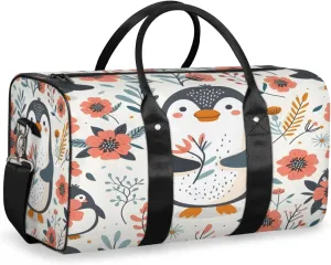 Penguin Travel Duffle Bag, Sports Gym Bags for Women Men, Carry On Weekender Overnight Bag, Flower Workout Hospital Airplane Trips Bag