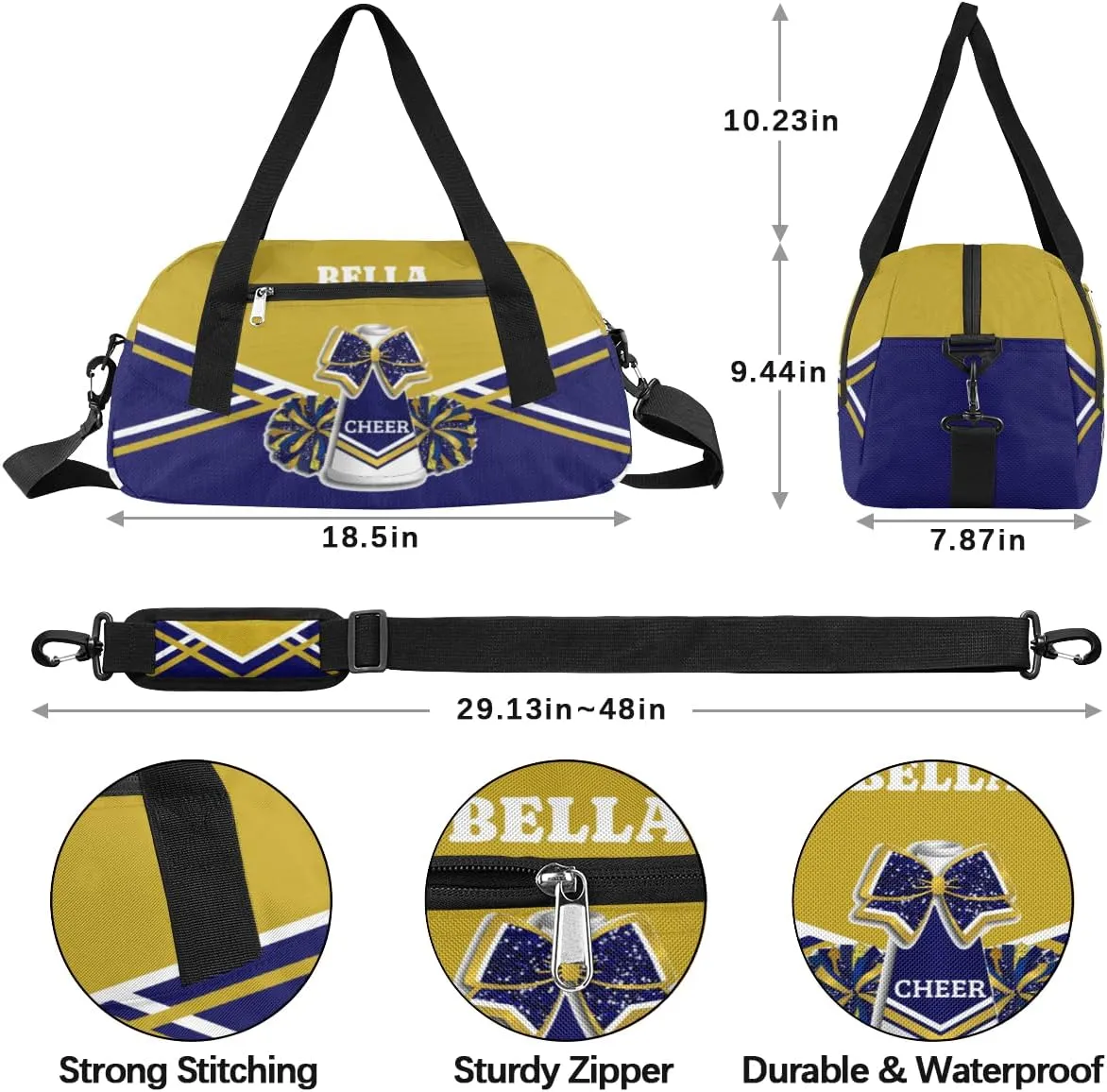 Personalized Cheerleader Bag Dance Bag for Girl, Custom Gym Bag Sport Duffel Bag, Weekender Bags Travel Duffel Bag Cheer Gold Blue