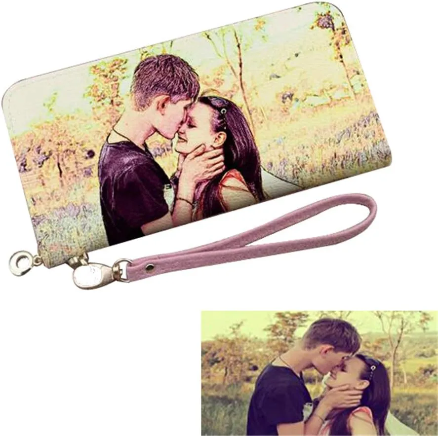 Personalized Crayon Style Photo Women's Wallet Custom Fashion Phone bags Leather Wallet Christmas gifts(Pink Double Side)