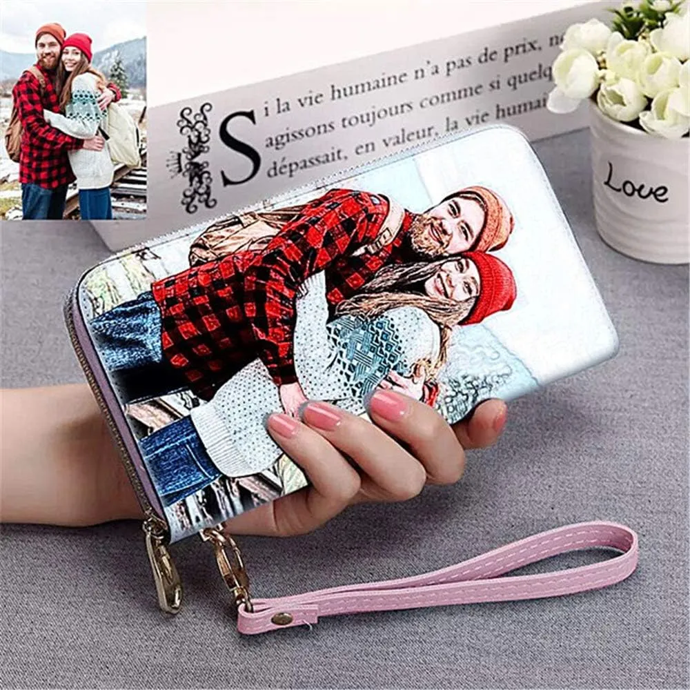 Personalized Crayon Style Photo Women's Wallet Custom Fashion Phone bags Leather Wallet Christmas gifts(Pink Double Side)