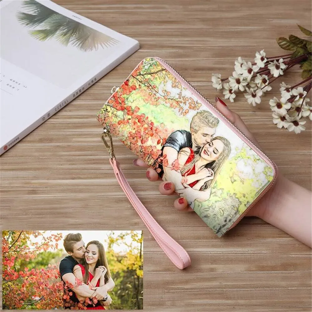 Personalized Crayon Style Photo Women's Wallet Custom Fashion Phone bags Leather Wallet Christmas gifts(Pink Double Side)