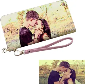 Personalized Crayon Style Photo Women's Wallet Custom Fashion Phone bags Leather Wallet Christmas gifts(Pink Double Side)