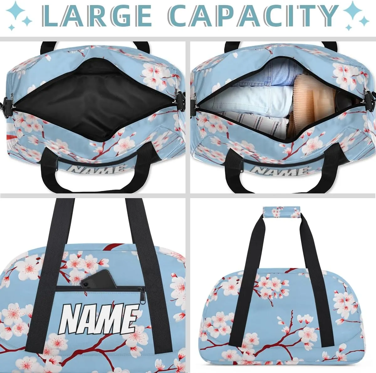 Personalized Custom Gym Bag for Women Men Carry on Blossom Flower Travel Duffel Tote Japanese Asian Overnight Workout Weekender Bag