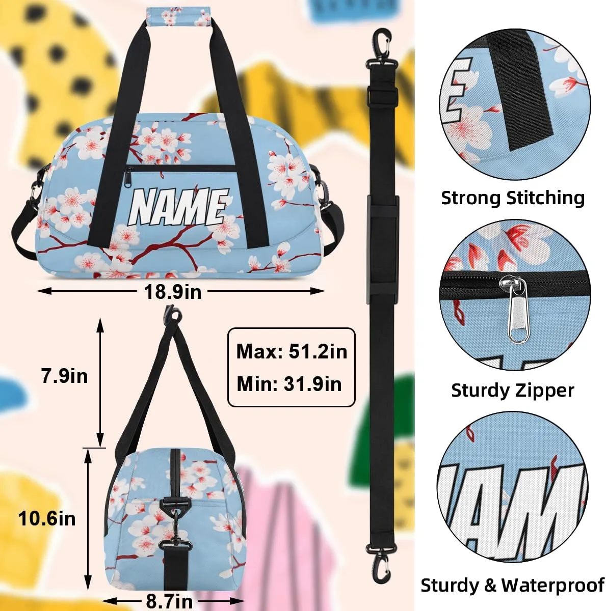 Personalized Custom Gym Bag for Women Men Carry on Blossom Flower Travel Duffel Tote Japanese Asian Overnight Workout Weekender Bag
