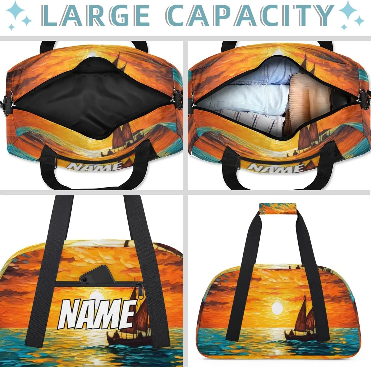 Personalized Custom Gym Bag for Women Men Carry on Sea Sunset Travel Duffel Tote Ocean Sailboat Overnight Workout Weekender Bag