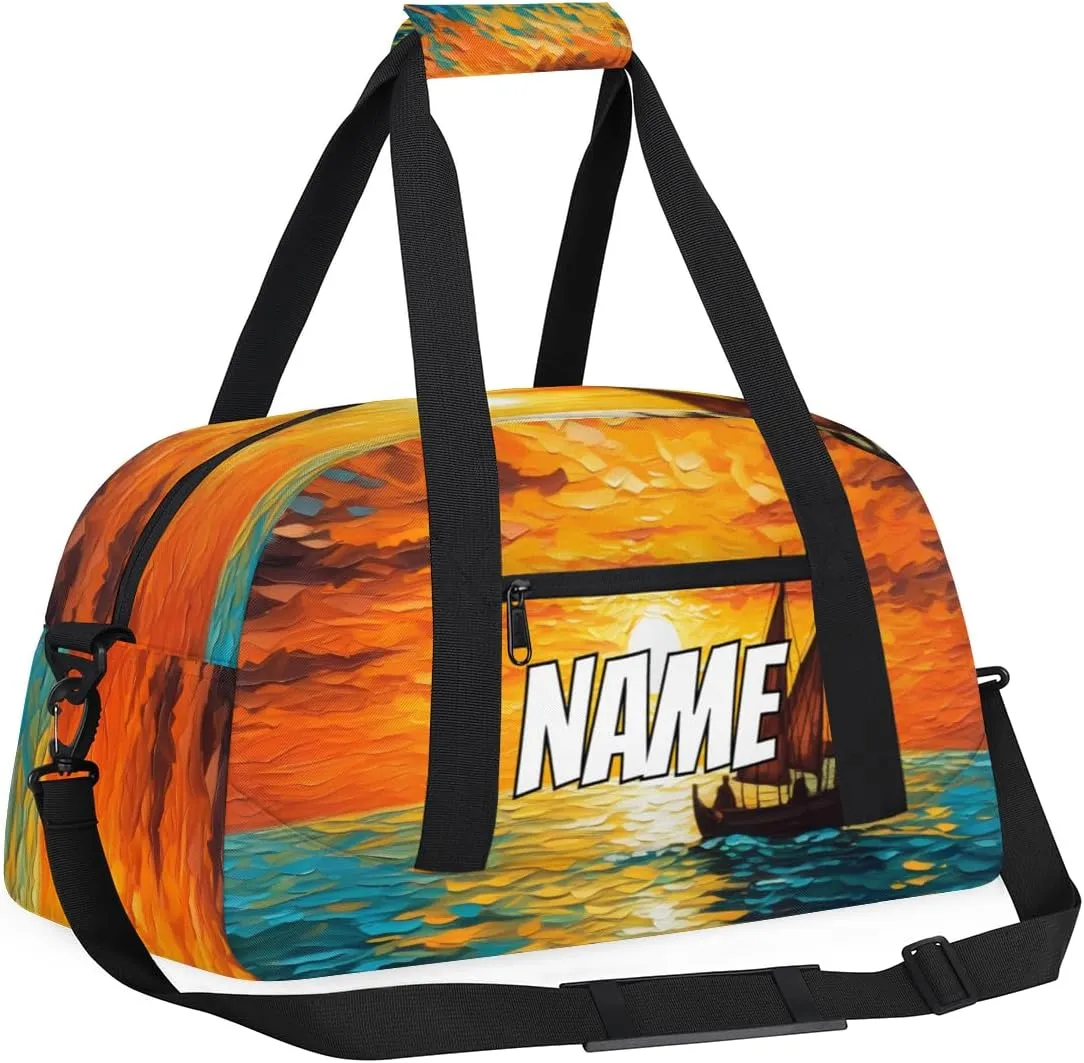 Personalized Custom Gym Bag for Women Men Carry on Sea Sunset Travel Duffel Tote Ocean Sailboat Overnight Workout Weekender Bag