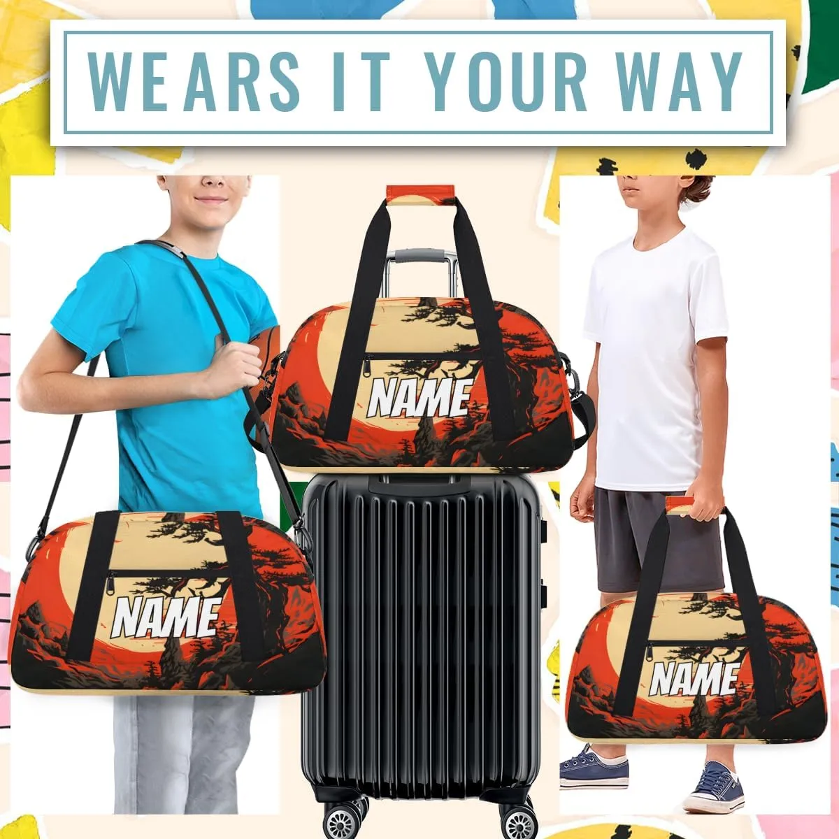 Personalized Custom Gym Bag for Women Men Carry on Sunset Scenery Travel Duffel Tote Japanese Style Overnight Workout Weekender Bag
