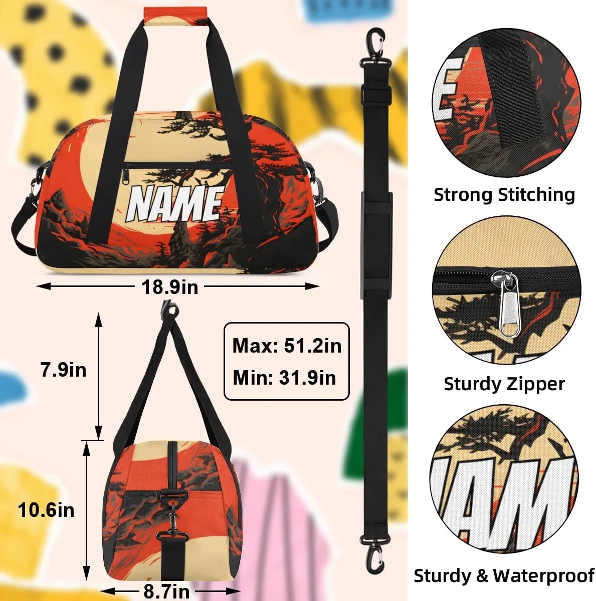 Personalized Custom Gym Bag for Women Men Carry on Sunset Scenery Travel Duffel Tote Japanese Style Overnight Workout Weekender Bag