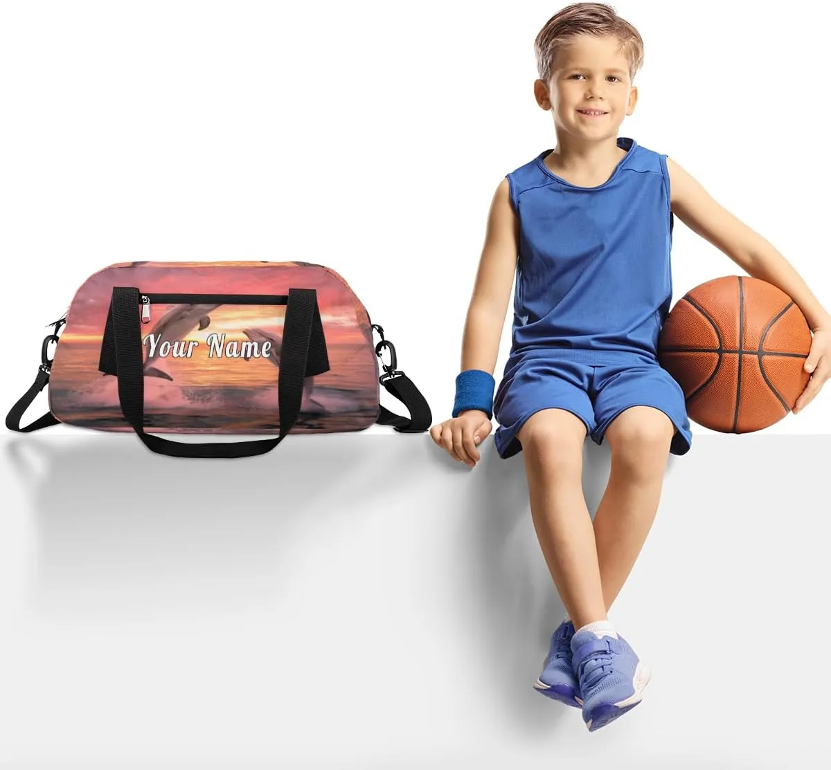 Personalized Kids Duffel Bag Dolphin Jump Ocean Sunset,Custom Sport Gym Bag for Boys Girls,WWeekender Overnight Bags Travel Duffel Bag,Customized Kids Gift