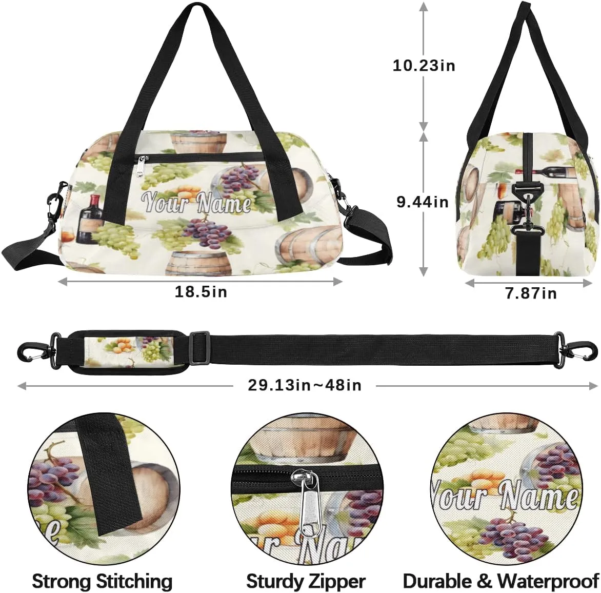 Personalized Kids Duffel Bag Grape Wine Pattern Harvest,Custom Sport Gym Bag for Boys Girls,WWeekender Overnight Bags Travel Duffel Bag,Customized Kids Gift