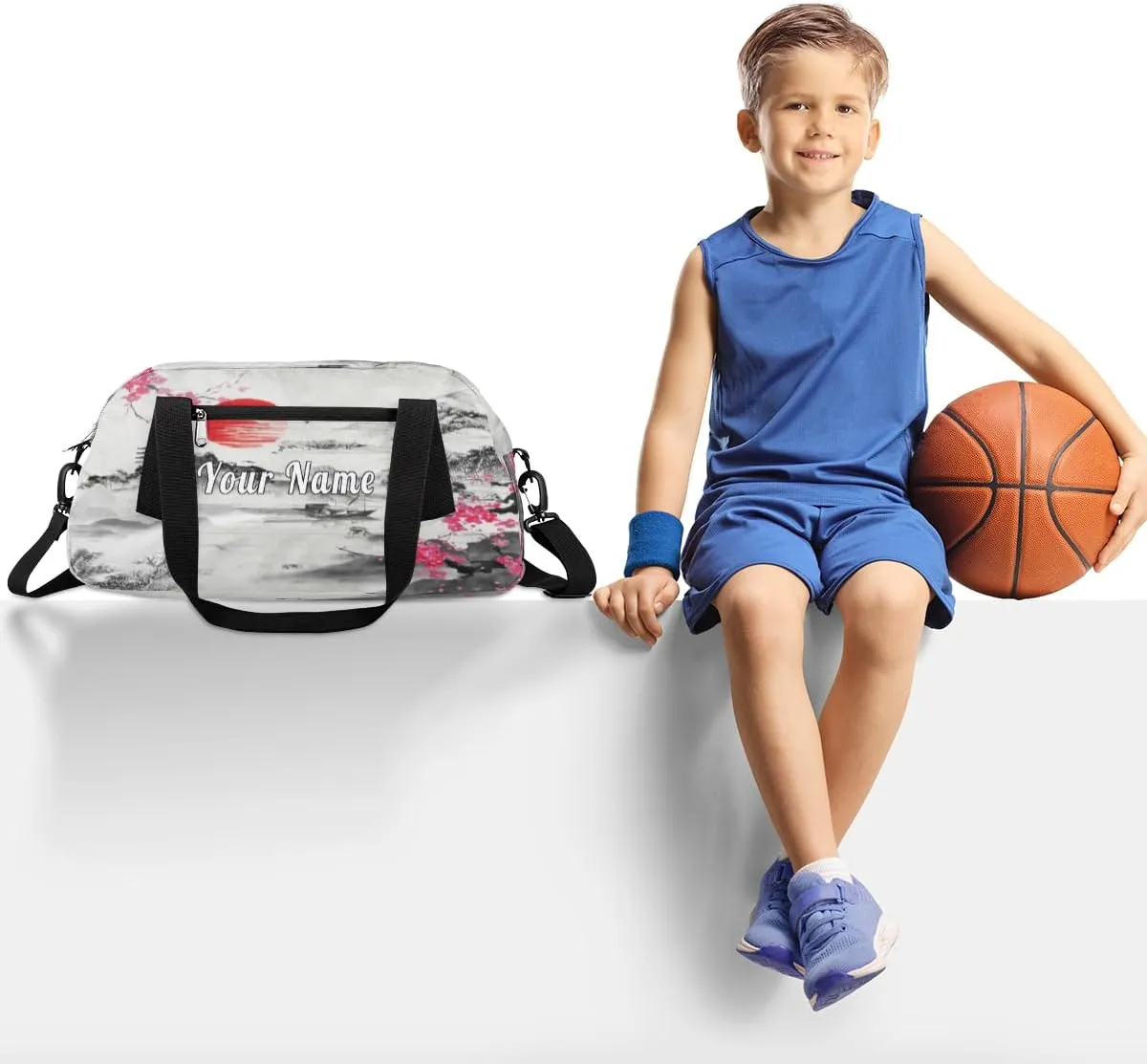 Personalized Kids Duffel Bag Japanese Fuji Mountain Cherry Blossom,Custom Sport Gym Bag for Boys Girls,WWeekender Overnight Bags Travel Duffel Bag,Customized Kids Gift