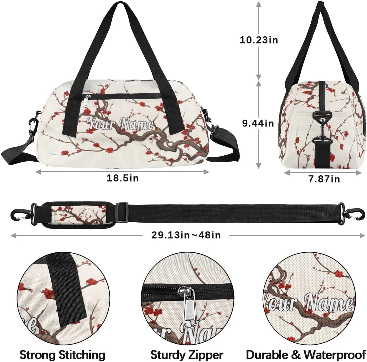 Personalized Kids Duffel Bag Vintage Japanese Cherry Blossom,Custom Sport Gym Bag for Boys Girls,WWeekender Overnight Bags Travel Duffel Bag,Customized Kids Gift