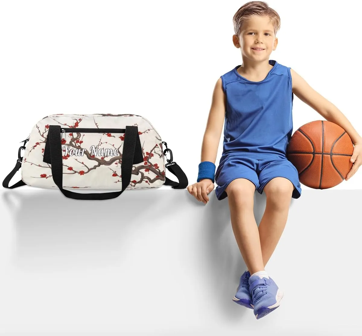 Personalized Kids Duffel Bag Vintage Japanese Cherry Blossom,Custom Sport Gym Bag for Boys Girls,WWeekender Overnight Bags Travel Duffel Bag,Customized Kids Gift