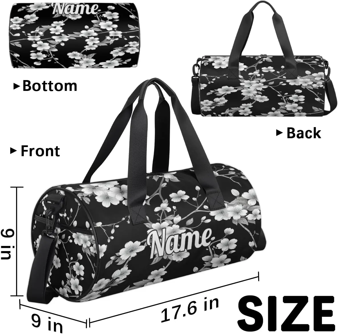 Personalized Sport Gym Bag Dance Duffle Ballet Bag Overnight Travel Sleepover Bags Swimming Hiking Camping, Beautiful Cherry Blossom