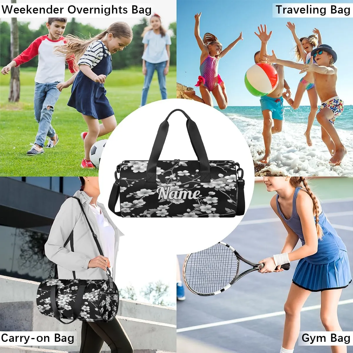 Personalized Sport Gym Bag Dance Duffle Ballet Bag Overnight Travel Sleepover Bags Swimming Hiking Camping, Beautiful Cherry Blossom