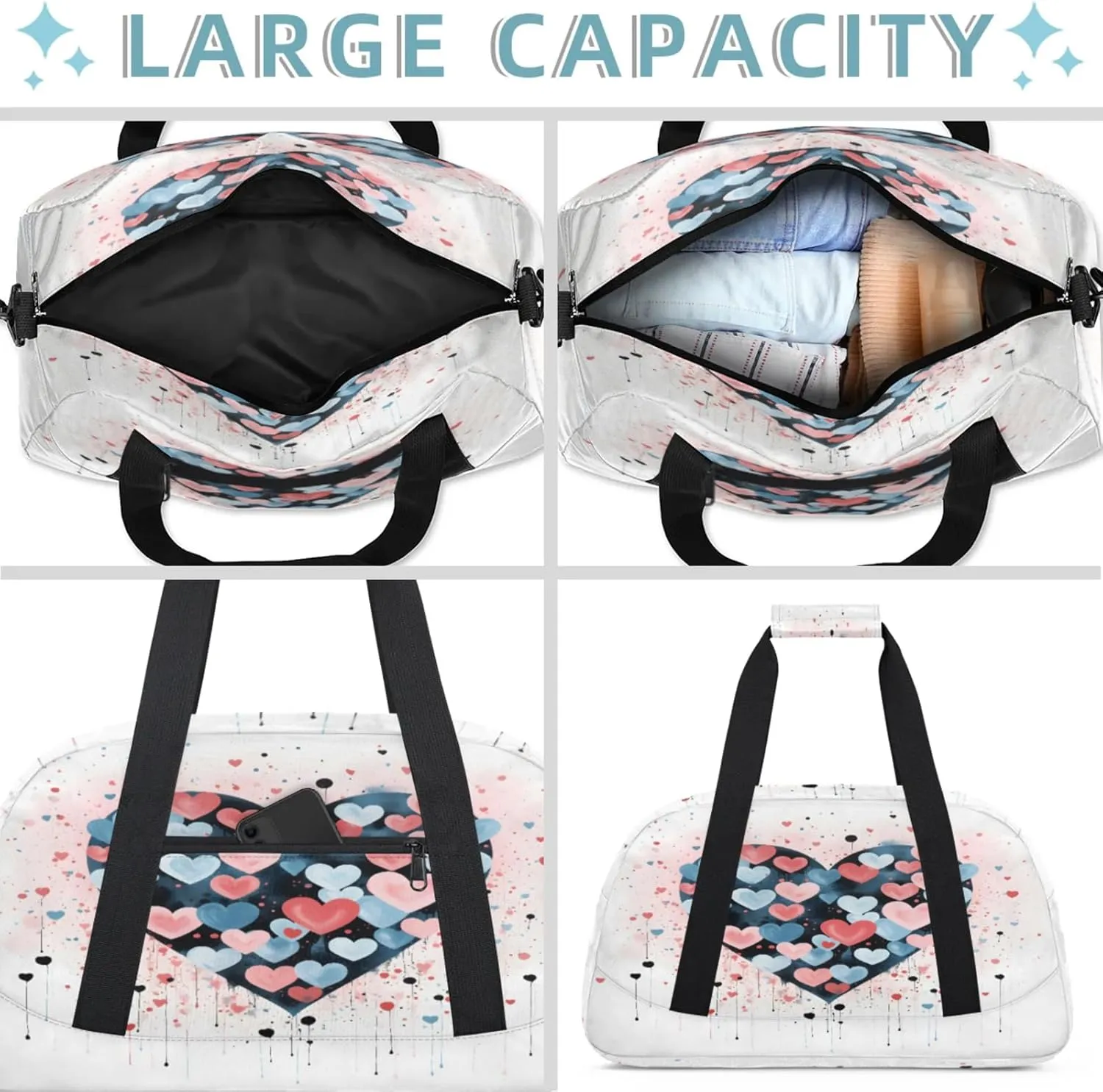 Pink Blue Heart Small Gym Bag 18 inch Carry On Duffel Bag for Weekender Travel Sports Workout Yoga Gymnastics Dance Ballet
