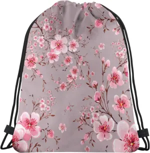 Pink Cherry Blossom Drawstring Backpack Bag Watercolor Hand Painted Blooming Branches Sport Gym Sack Beautiful Floral Pattern String Bags Yoga Shopping Travel Casual Daypacks for Women Men
