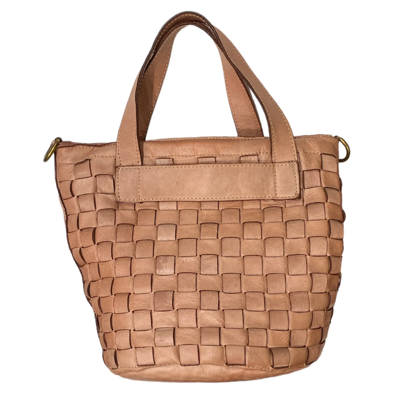 Pink leather handwoven bucket bag