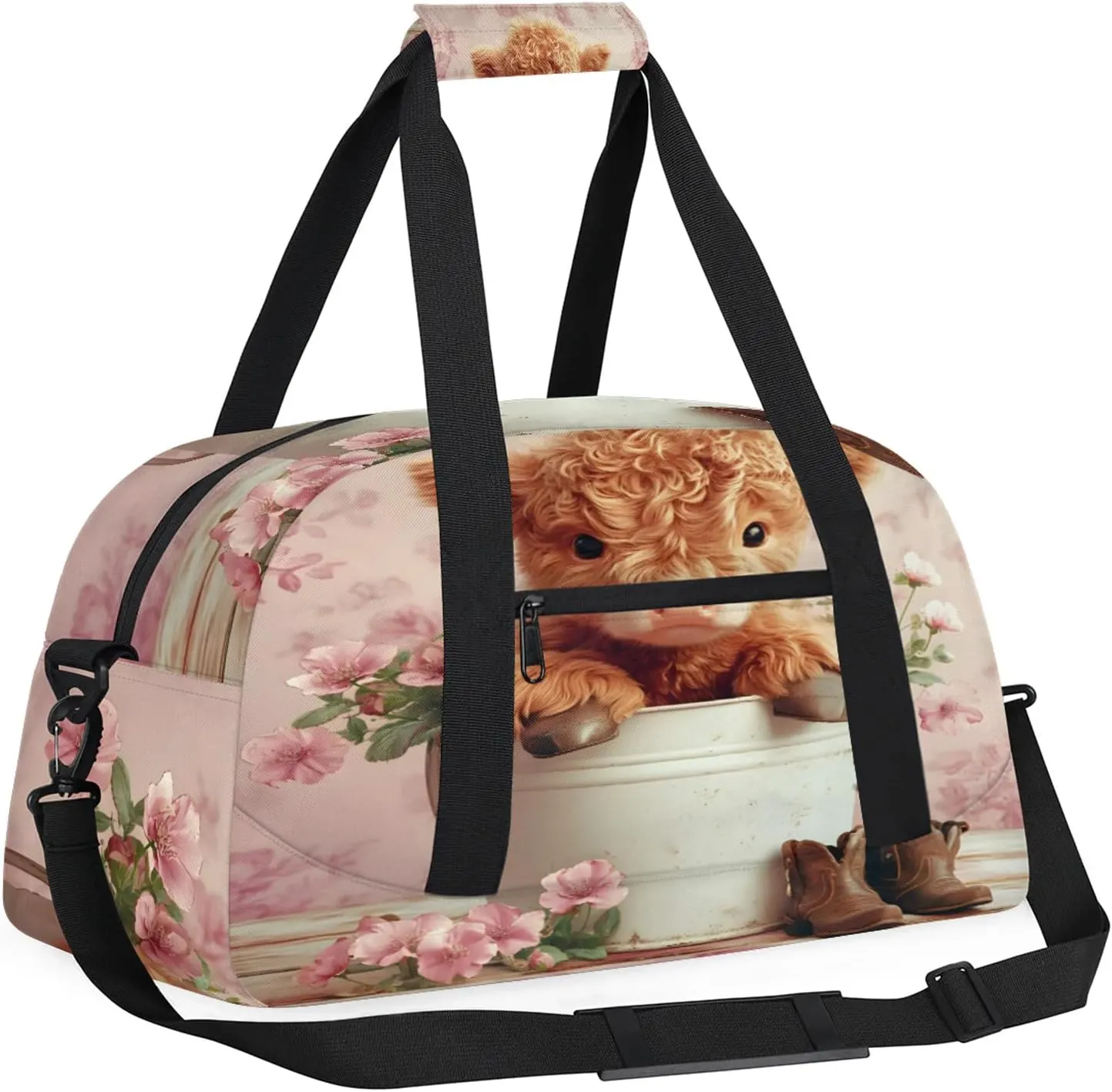 Pink Sports Duffle Gym Bags for Men or Women, Highland Cow Lightweight Carry On Overnight Weekender Bag for Travel Workout