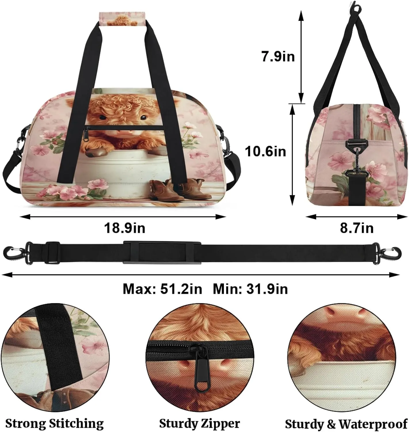 Pink Sports Duffle Gym Bags for Men or Women, Highland Cow Lightweight Carry On Overnight Weekender Bag for Travel Workout