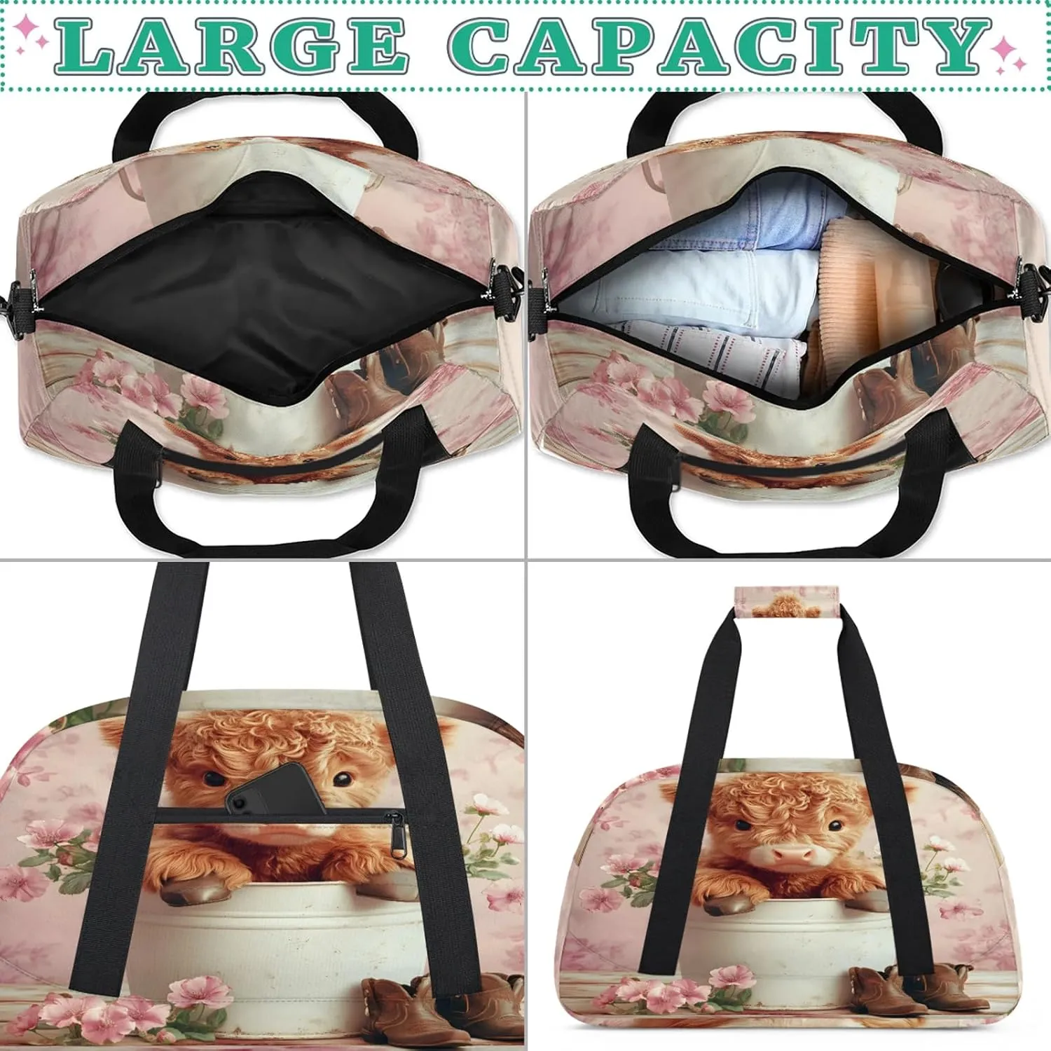 Pink Sports Duffle Gym Bags for Men or Women, Highland Cow Lightweight Carry On Overnight Weekender Bag for Travel Workout