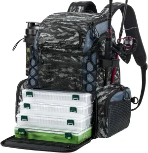 Piscifun Fishing Tackle Backpack with Rod Holders & 4 Tackle Boxes, Outdoor Fishing Bag with Waterproof Rain Cover