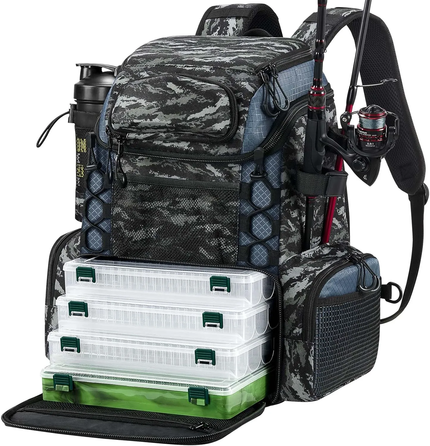 Piscifun Fishing Tackle Backpack with Rod Holders & 4 Tackle Boxes, Outdoor Fishing Bag with Waterproof Rain Cover