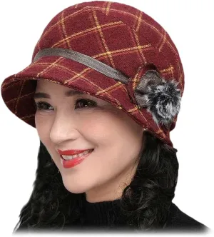 Plaid Cloche Bowler Hat Big Plaid Bucket Hat Pom Pom Bowknot Beret Hat Adjustable Fisherman Cap for Women Mom Red