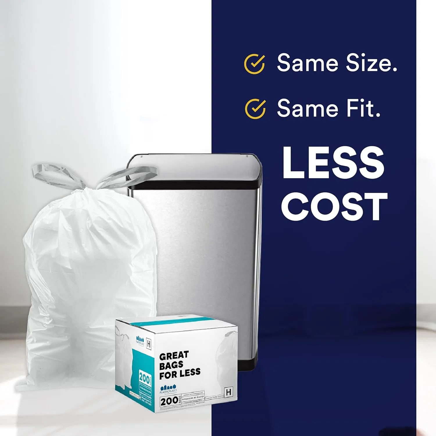 Plasticplace Custom Fit Trash Bags, Compatible with simplehuman Code Y (200 Count) White Drawstring Garbage Liners 30.4 Gallon/ 115 Liter, 28.5" x 39"