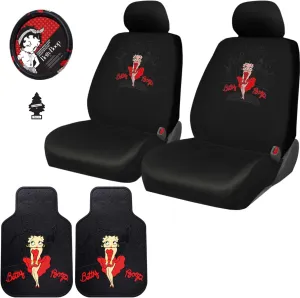Platicolors Betty Boop Skyline Design Car Accessories Set New Seat Covers, Front Rubber Mats, Steering Wheel Cover Air Freshener Stylish Protection for Cars SUVs Trucks & Vans Idea