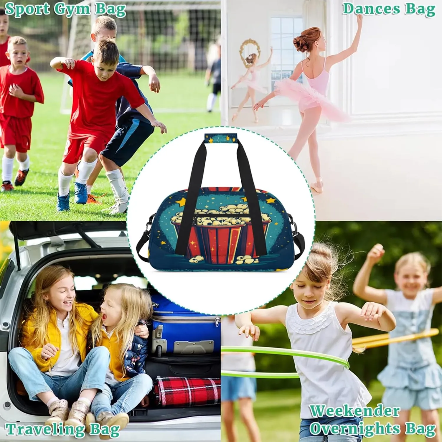 Popcorn Small Gym Bag for Women Men, Food Travel Duffle Bag Workout Dance Tote Bag Carry On Overnight Weekender Bag