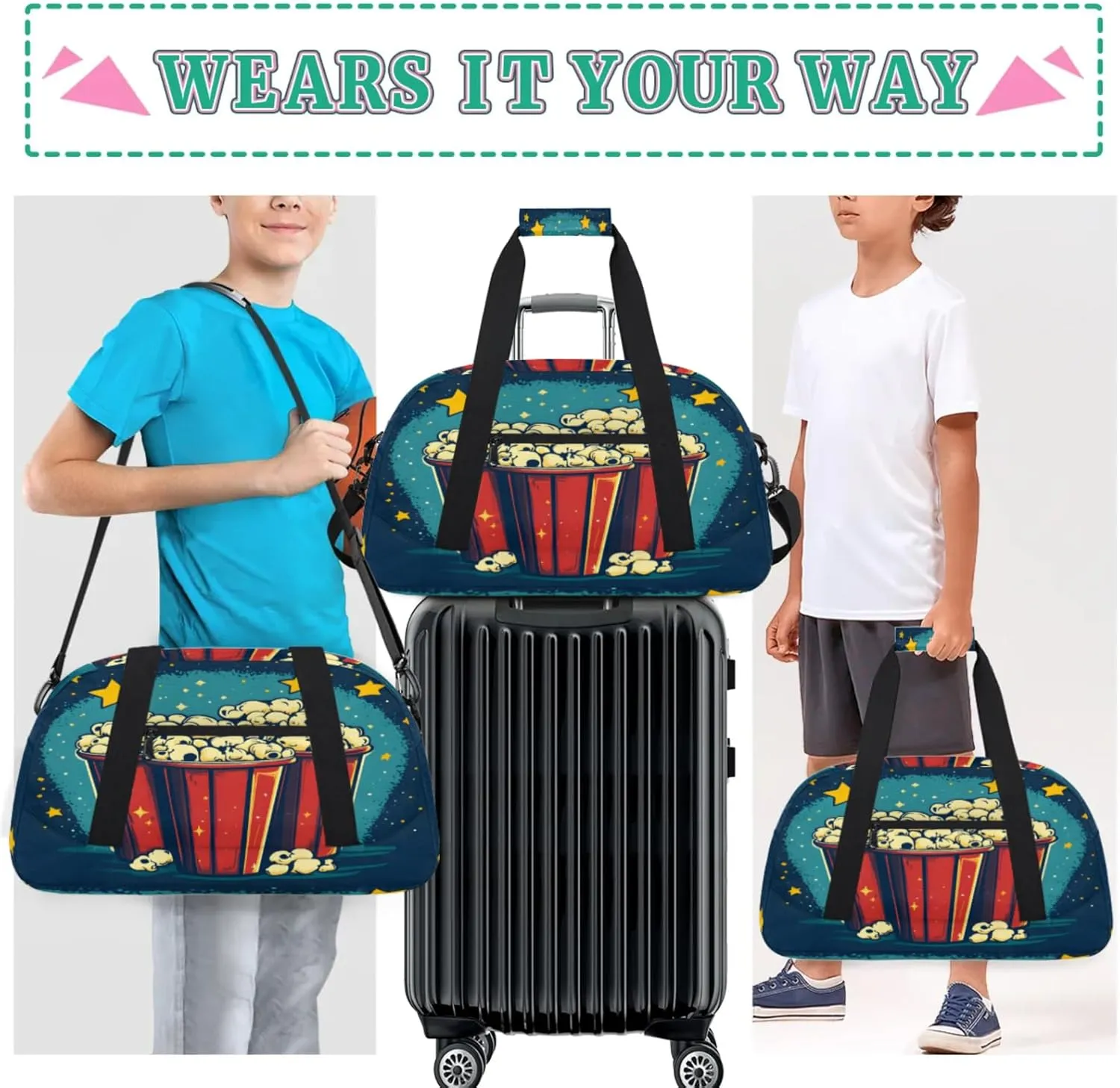 Popcorn Small Gym Bag for Women Men, Food Travel Duffle Bag Workout Dance Tote Bag Carry On Overnight Weekender Bag