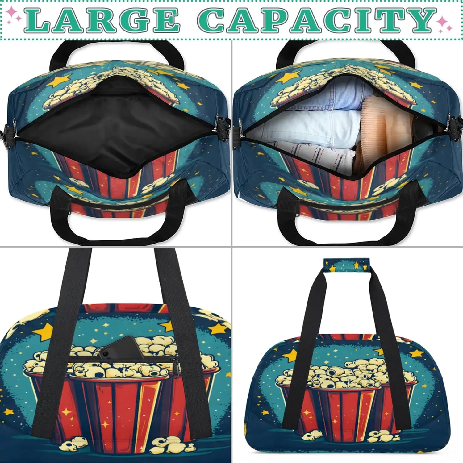 Popcorn Small Gym Bag for Women Men, Food Travel Duffle Bag Workout Dance Tote Bag Carry On Overnight Weekender Bag