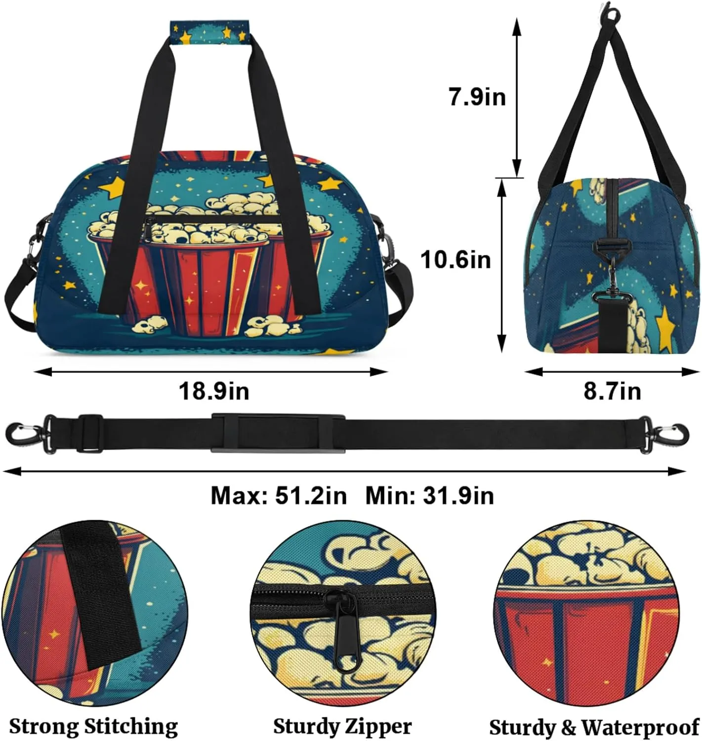 Popcorn Small Gym Bag for Women Men, Food Travel Duffle Bag Workout Dance Tote Bag Carry On Overnight Weekender Bag