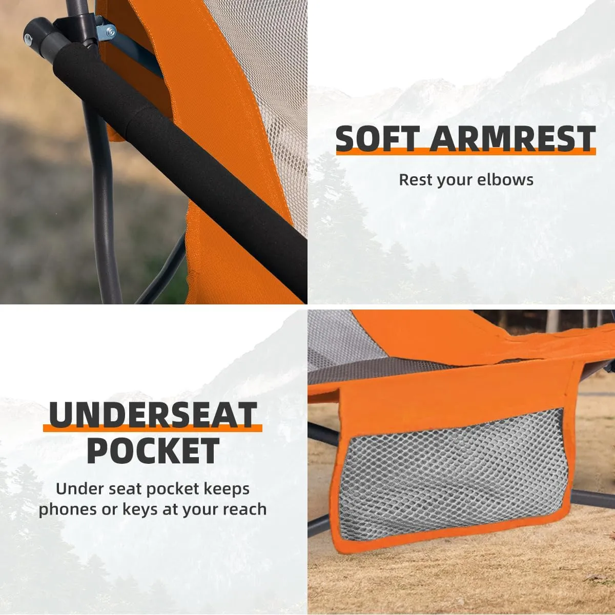 Portable Beach Chair for Adults Low Back Sling Chair with Cup Holder Folding Mesh Sand Chair Lightweight Lawn Chair for Beach Lawn Camping Concert Travel, Supports 300lbs, Orange