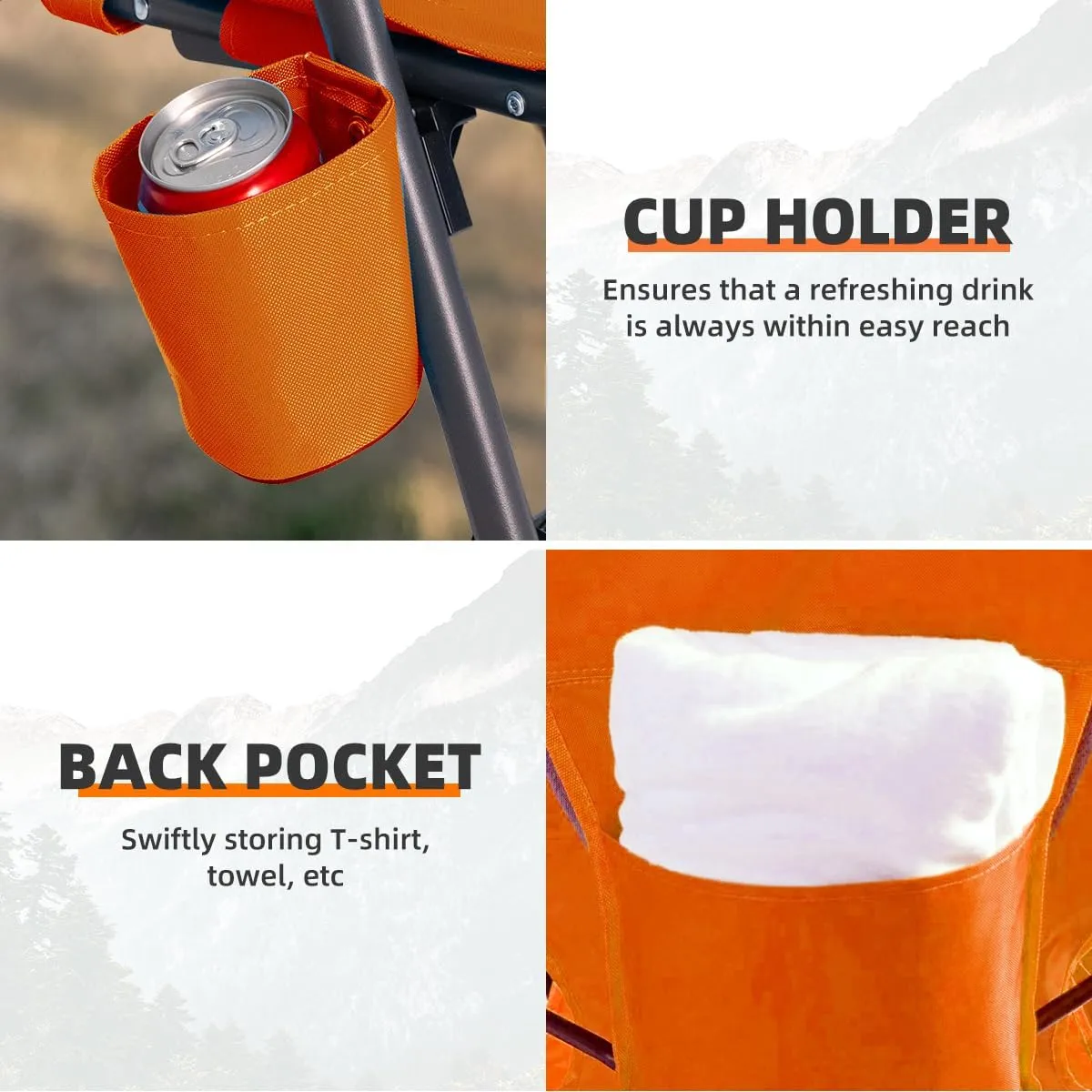Portable Beach Chair for Adults Low Back Sling Chair with Cup Holder Folding Mesh Sand Chair Lightweight Lawn Chair for Beach Lawn Camping Concert Travel, Supports 300lbs, Orange
