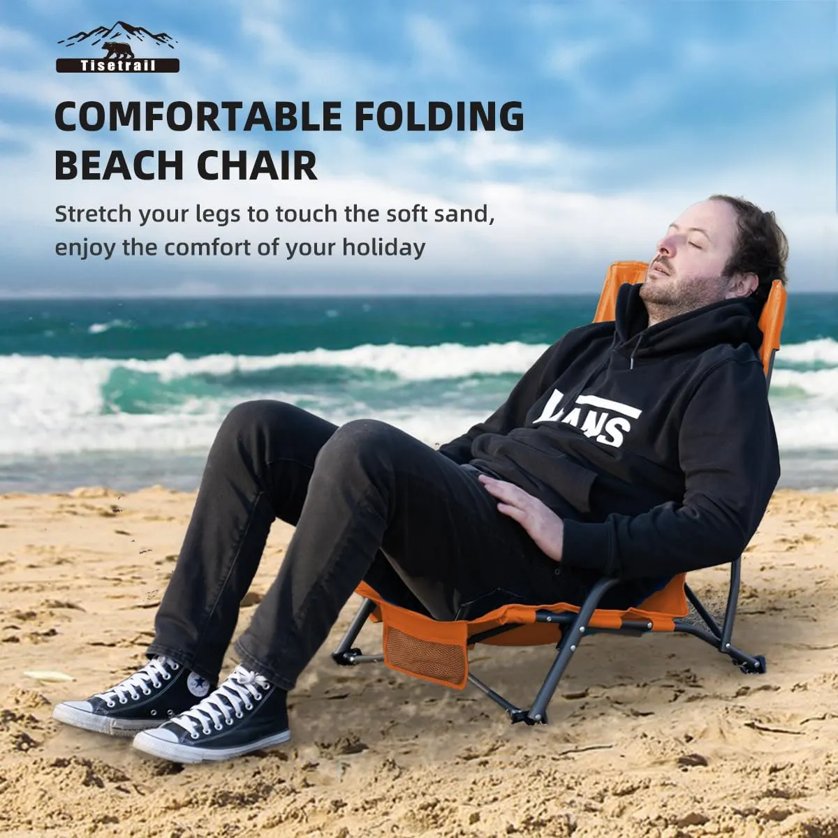 Portable Beach Chair for Adults Low Back Sling Chair with Cup Holder Folding Mesh Sand Chair Lightweight Lawn Chair for Beach Lawn Camping Concert Travel, Supports 300lbs, Orange