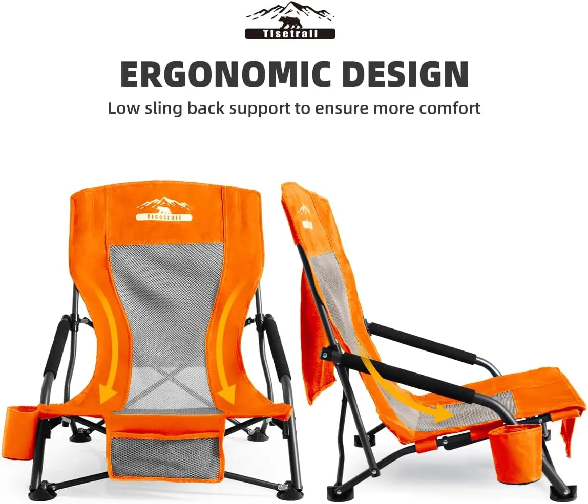 Portable Beach Chair for Adults Low Back Sling Chair with Cup Holder Folding Mesh Sand Chair Lightweight Lawn Chair for Beach Lawn Camping Concert Travel, Supports 300lbs, Orange