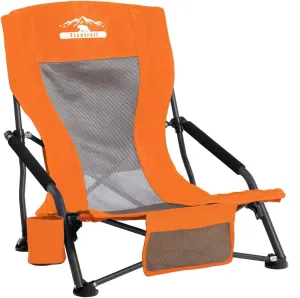 Portable Beach Chair for Adults Low Back Sling Chair with Cup Holder Folding Mesh Sand Chair Lightweight Lawn Chair for Beach Lawn Camping Concert Travel, Supports 300lbs, Orange