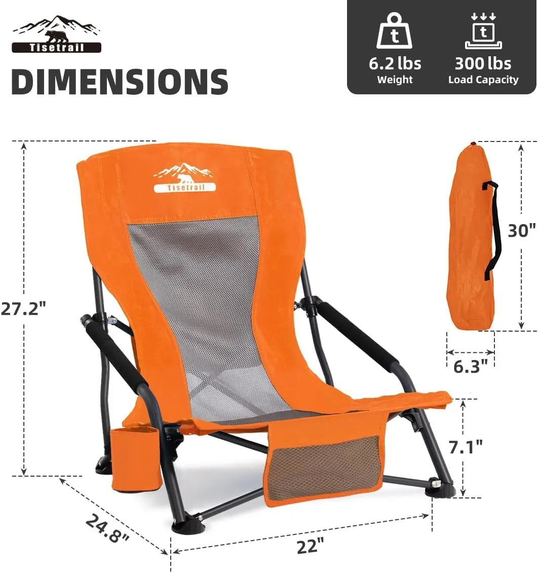 Portable Beach Chair for Adults Low Back Sling Chair with Cup Holder Folding Mesh Sand Chair Lightweight Lawn Chair for Beach Lawn Camping Concert Travel, Supports 300lbs, Orange