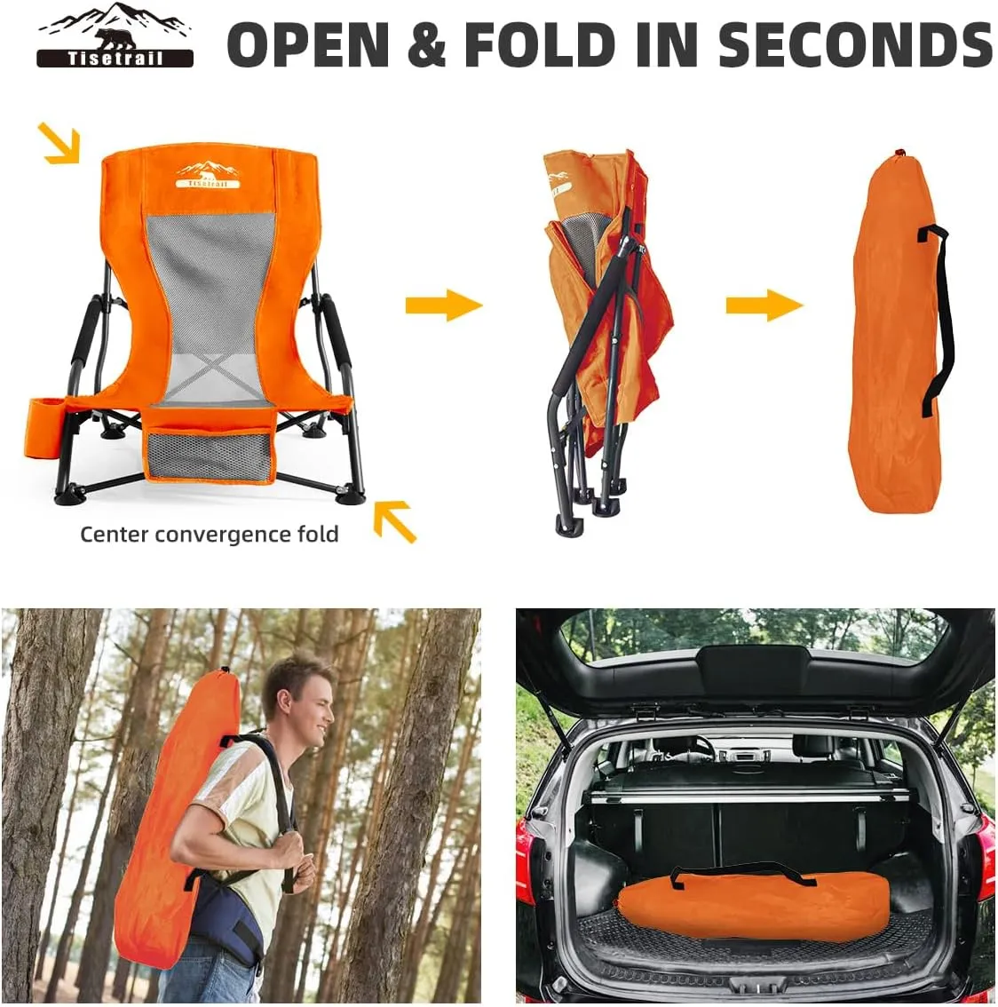 Portable Beach Chair for Adults Low Back Sling Chair with Cup Holder Folding Mesh Sand Chair Lightweight Lawn Chair for Beach Lawn Camping Concert Travel, Supports 300lbs, Orange