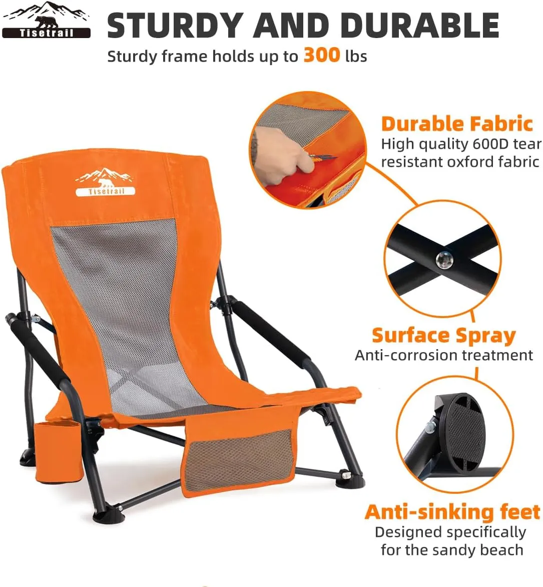Portable Beach Chair for Adults Low Back Sling Chair with Cup Holder Folding Mesh Sand Chair Lightweight Lawn Chair for Beach Lawn Camping Concert Travel, Supports 300lbs, Orange