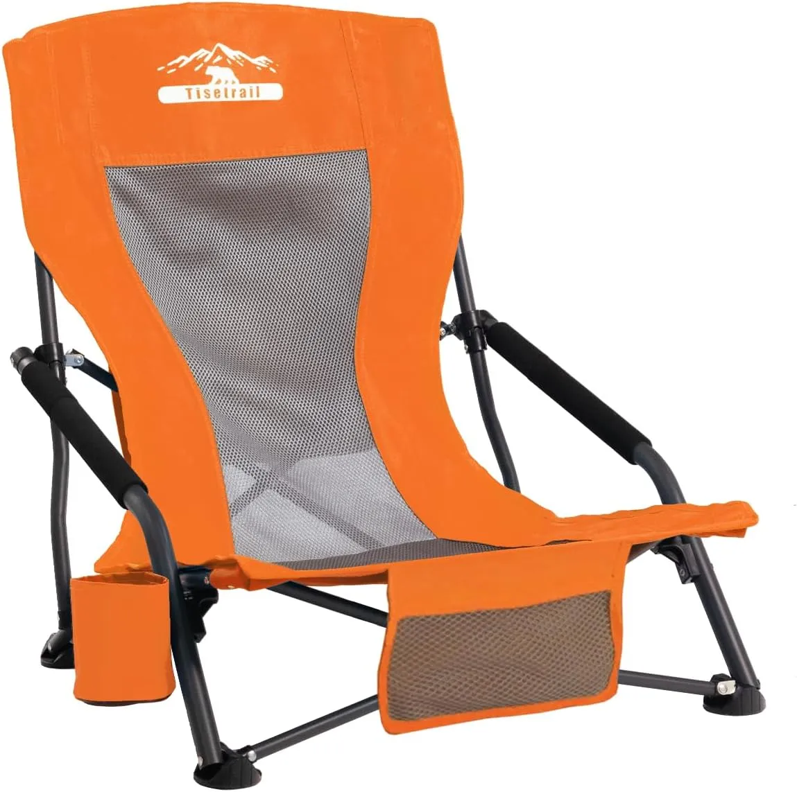 Portable Beach Chair for Adults Low Back Sling Chair with Cup Holder Folding Mesh Sand Chair Lightweight Lawn Chair for Beach Lawn Camping Concert Travel, Supports 300lbs, Orange